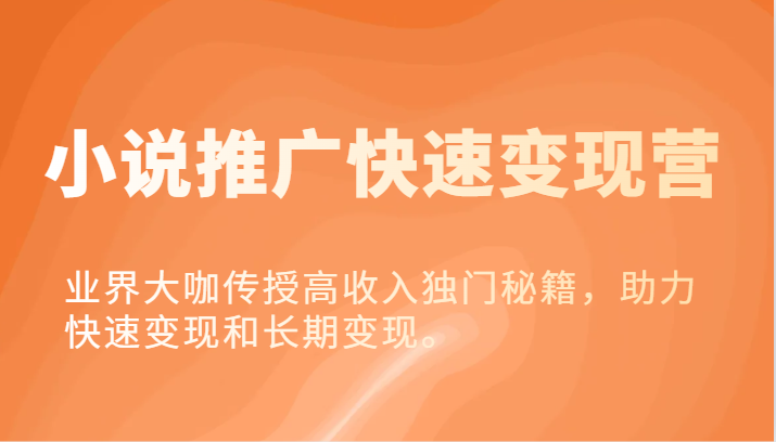 小说推广快速变现营-业界大咖传授高收入独门秘籍，助力快速变现和长期变现。-川川创富网