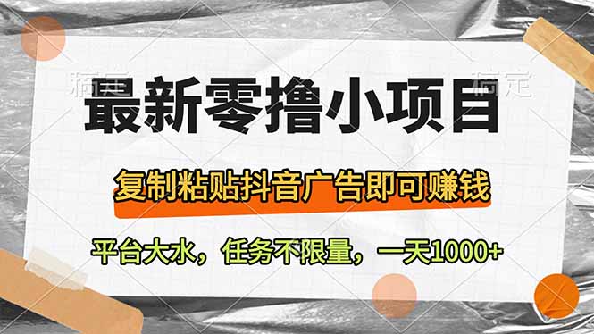 最新零撸小项目，复制粘贴抖音广告即可赚钱，平台大水，任务不限量，一…-川川创富网