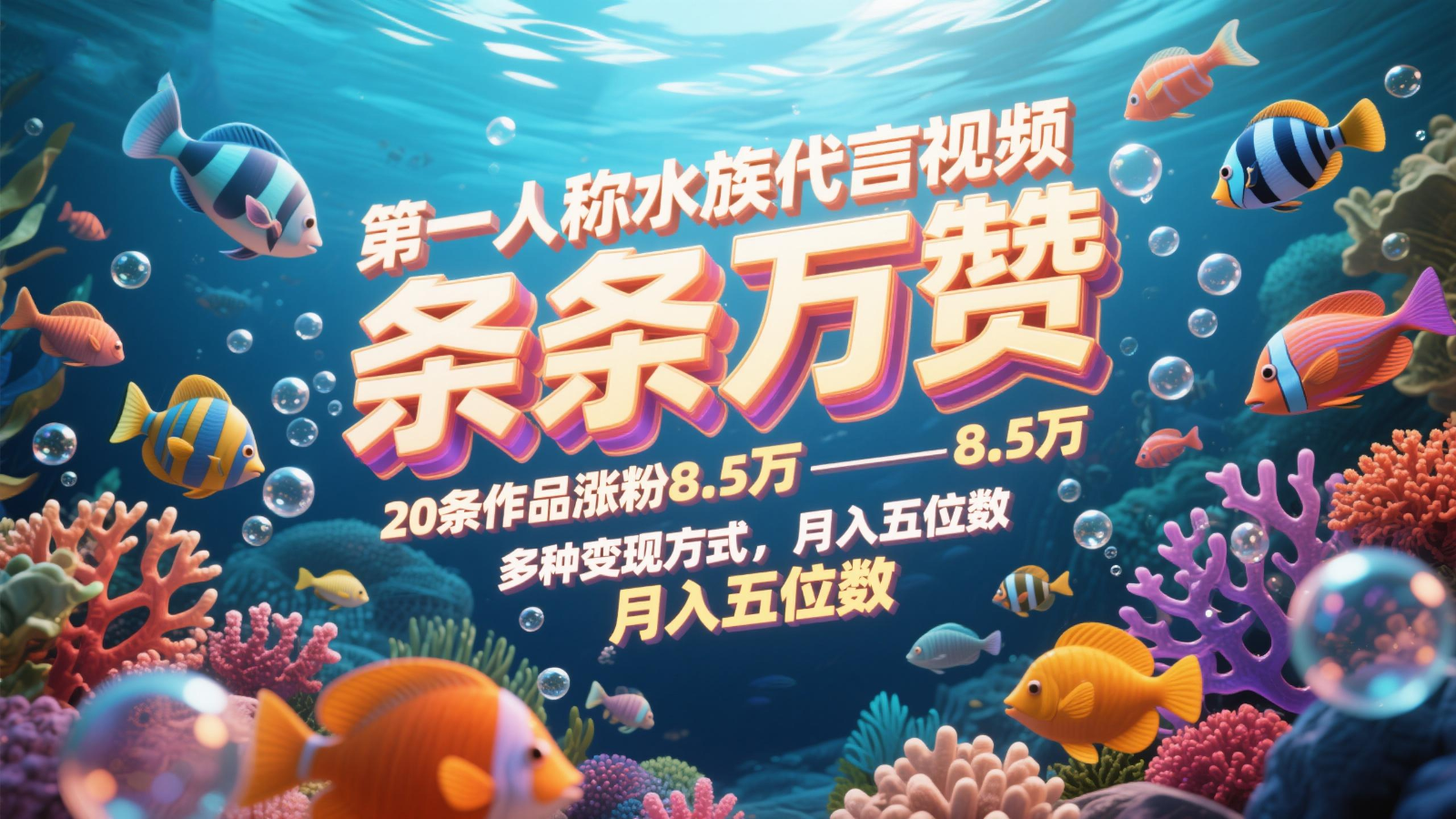 第一人称水族代言视频，条条万赞，20条作品涨粉8.5万，多种变现方式月，入五位数-川川创富网