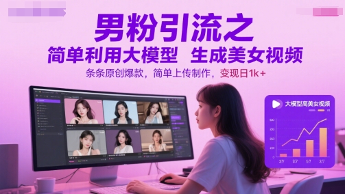 男粉引流之简单利用大模型生成美女视频，条条原创爆款，简单上传制作，变现日1k+-川川创富网