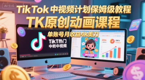 TikTok中视频计划保姆级教程，TK原创动画课程，单账号月收益4k美刀-川川创富网