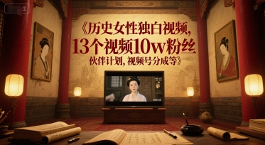 历史女性独白视频，13个视频10w粉丝，伙伴计划，视频号分成等-川川创富网