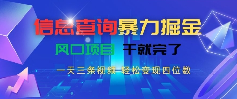 信息查询暴力掘金，一天三条视频，轻松变现四位数，风口项目干就完了【揭秘】-川川创富网