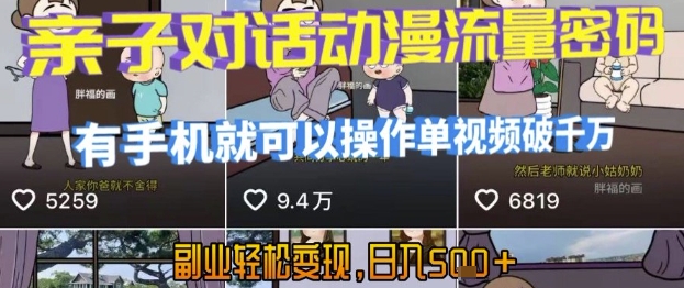 AI引爆短视频，亲子对话动漫流量密码，有手机就可以操作，单视频破千万播放，副业轻松变现，日入5张【揭秘】-川川创富网