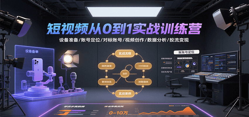 短视频从0到1实战训练营：设备准备/账号定位/对标账号/视频创作/数据分析/投流变现-川川创富网