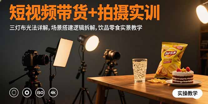 短视频带货+拍摄实训：三灯布光法详解,场景搭建逻辑拆解,饮品零食实景教学-川川创富网