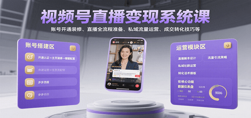 视频号直播变现系统课，账号开通装修、直播全流程准备、私域流量运营、成交转化技巧等-川川创富网
