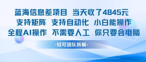 蓝海信息差项目当天收米1k+ 支持矩阵支持自动化小白能操作全程AI操作不需要人工你只要会电脑-川川创富网