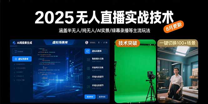 2025无人直播实战技术-8月，涵盖半无人/纯无人/AI实景/绿幕录播等主流玩法-川川创富网