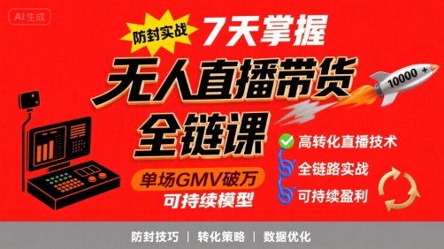 无人直播带货全链防封实战课，7天掌握高转化直播技术，实现单场GMV破万可持续模型-川川创富网