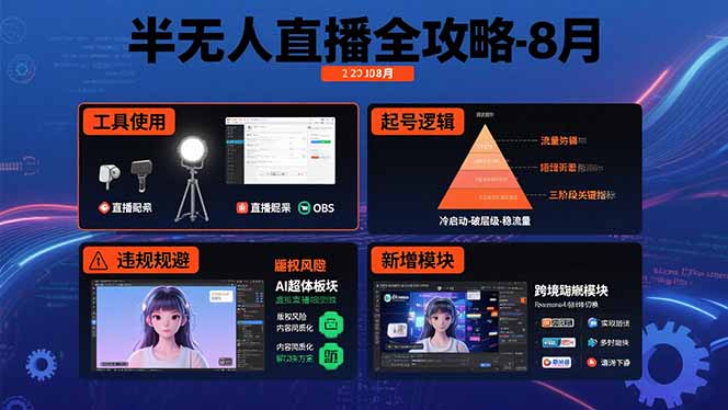 半无人直播全攻略-8月：工具使用+起号逻辑+违规规避,新增AI超体与跨境模块-川川创富网