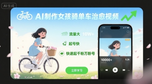 AI制作女孩骑单车治愈视频，流量大，起号快，快速起千粉万粉号-川川创富网