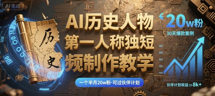 最新AI历史人物第一人称独白短视频制作教学，一个半月20w粉，可过伙伴计划-川川创富网