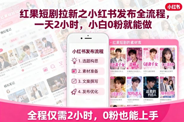 红果短剧拉新之小红书发布全流程，一天2小时，小白0粉就能做-川川创富网