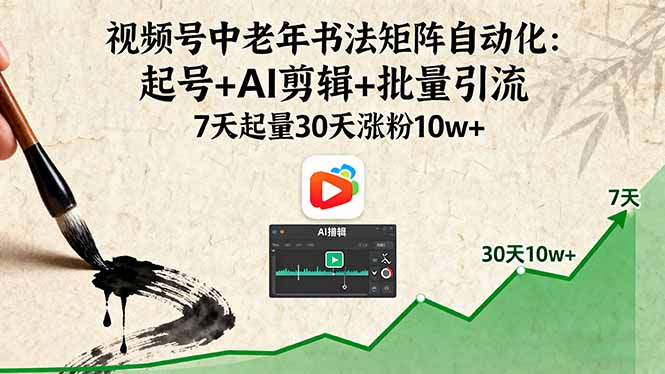 视频号中老年书法矩阵自动化：起号+AI剪辑+批量引流 7天起量30天涨粉10w+-川川创富网