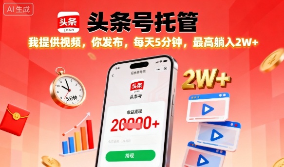 【头条号托管】我提供视频，你发布，每天5分钟，最高躺入2W+【揭秘】-川川创富网