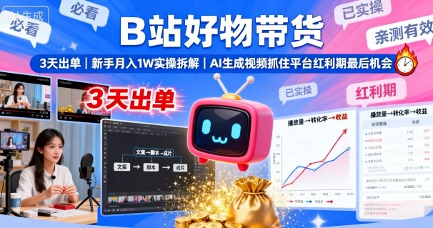 B站好物带货，3天出单，新手月入1W实操拆解，AI生成视频，抓住平台红利期最后机会-川川创富网