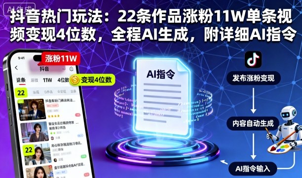 抖音热门玩法：22条作品涨粉11W单条视频变现4位数，全程AI生成，附详细AI指令-川川创富网