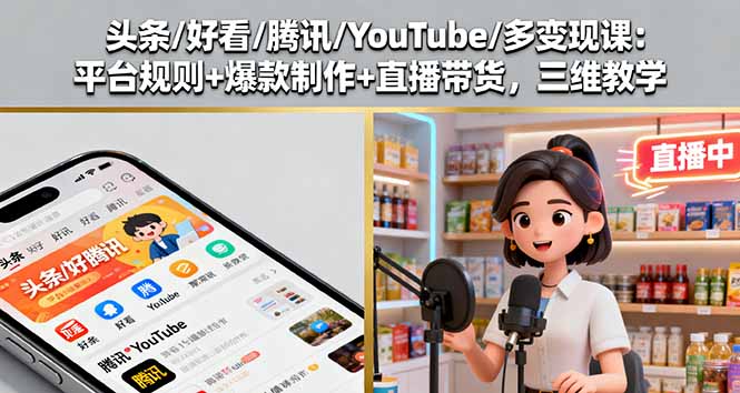 头条/好看/腾讯/YouTube/多变现课：平台规则+爆款制作+直播带货，三维教学-川川创富网