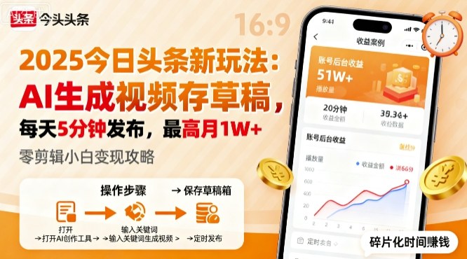 2025年今日头条躺賺新玩法，AI生成视频存草稿，每天5分钟发布，最高月1W+【揭秘】-川川创富网