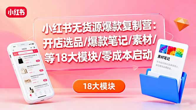 小红书无货源爆款复制营：开店选品/爆款笔记/素材/等18大模块/零成本启动-川川创富网