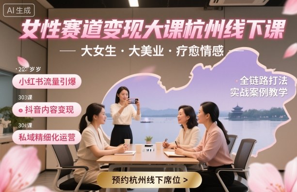 女性赛道变现大课杭州线下，大女生，大美业，疗愈情感，一套小红书、抖音、私域全链路打法-川川创富网
