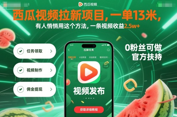 西瓜视频拉新项目，一单13米，有人悄悄用这个方法，一条视频收益2.5w+(附详细教程)-川川创富网
