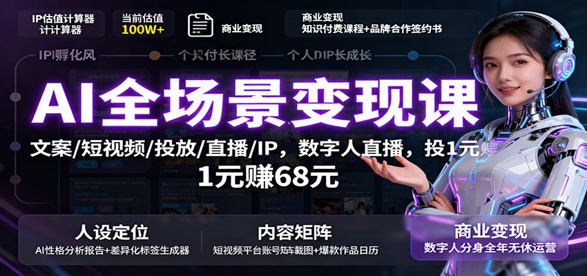 AI全场景变现课：文案/短视频/投放/直播/IP，数字人直播，投1元赚68元-川川创富网