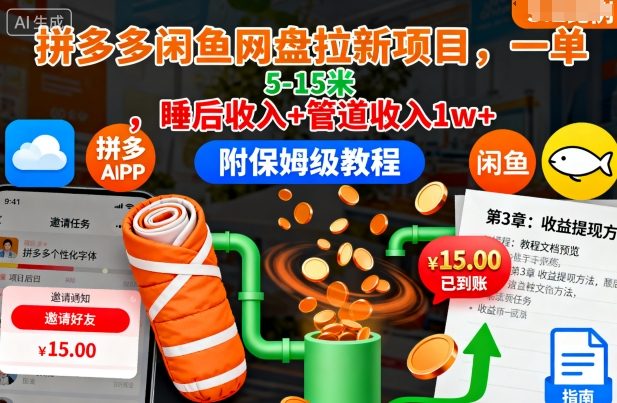 拼多多闲鱼网盘拉新项目，一单5-15米，睡后收入+管道收入1w+(附保姆级教程)-川川创富网