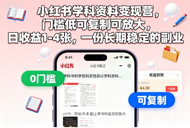 小红书学科资料变现营，门槛低可复制可放大，日收益1-4张，一份长期稳定的副业-川川创富网