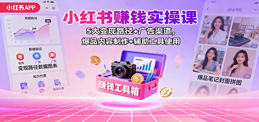 小红书赚钱实操课：5大变现路径+广告渠道，爆品内容制作+辅助工具使用-川川创富网