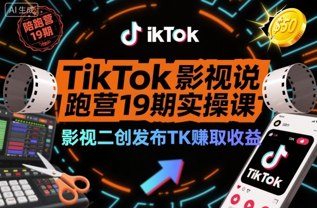 TikTok影视解说陪跑营19期实操课，影视二创发布TK賺取收益，万播收益50美金-川川创富网