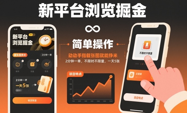 新平台浏览掘金，动动手指截张图就能挣米，2分钟一单，不限时不限量，一天5张【揭秘】-川川创富网