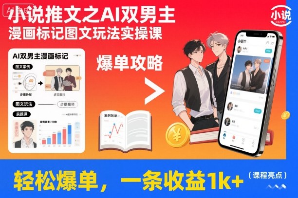 小说推文之AI双男主漫画标记图文玩法实操课，轻松爆单，一条收益1k+-川川创富网