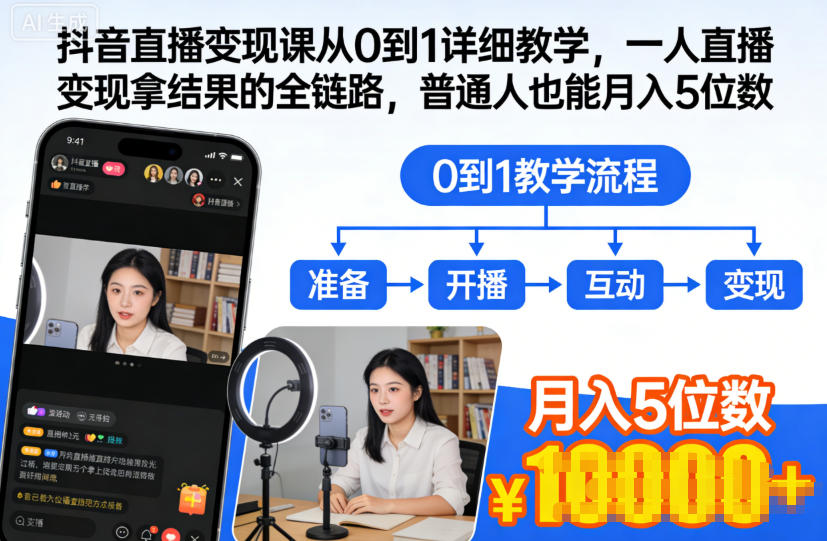 抖音直播变现课从0到1详细教学，一人直播变现拿结果的全链路，普通人也能月入5位数-川川创富网