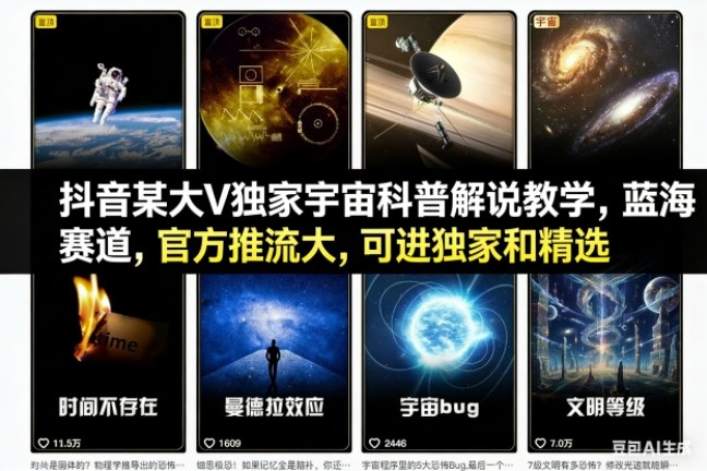 抖音某大V独家宇宙科普解说教学，蓝海赛道，官方推流大，可进独家和精选-川川创富网