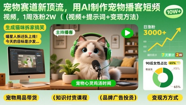 宠物赛道新顶流，用AI制作宠物播客短视频，1周涨粉2W(视频+提示词+变现方法)-川川创富网