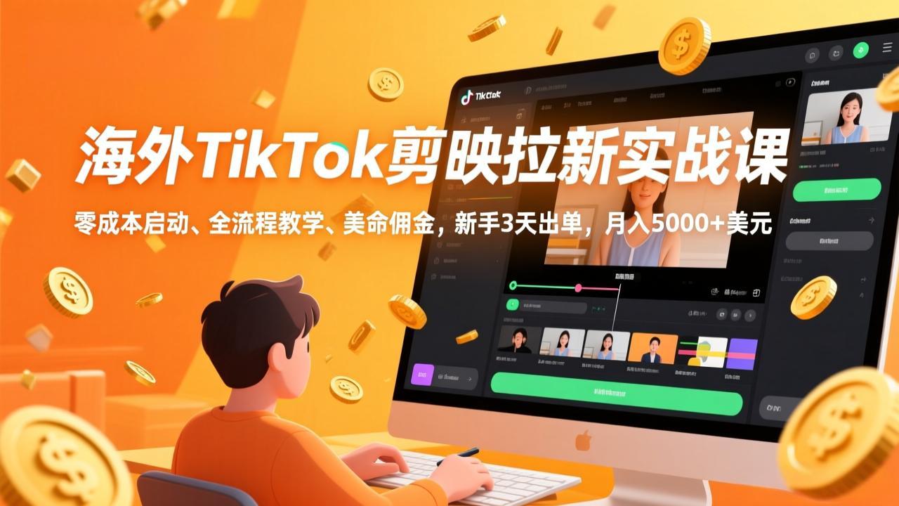 海外TikTok剪映拉新实战课，零成本启动、全流程教学、美金佣金，新手3天出单，月入5000+美元-川川创富网