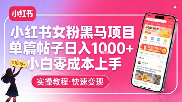 小红书女粉黑马项目，单篇帖子日入1k+，小白零成本上手-川川创富网