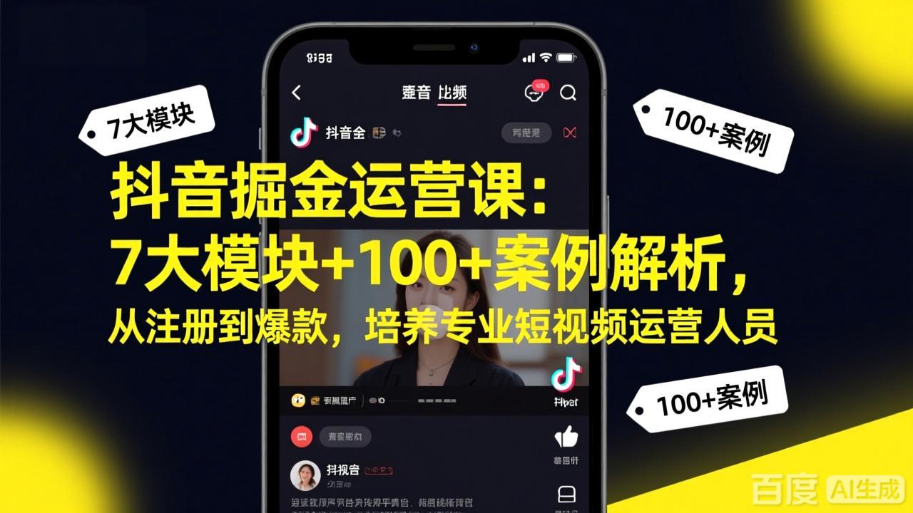 抖音掘金运营课：7大模块+100+案例解析，从注册到爆款，培养专业短视频运营人员-川川创富网