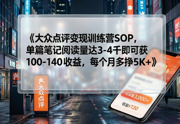大众点评变现训练营SOP，单篇笔记阅读量达3-4千即可获100-140收益，每个月多挣5K+-川川创富网