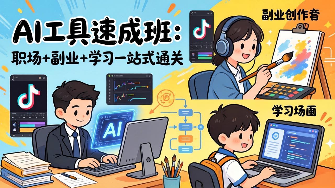 AI工具速成班：职场+副业+学习一站式通关，20+爆款类型+剪映技巧+抖音算法，0基础快速上手-川川创富网
