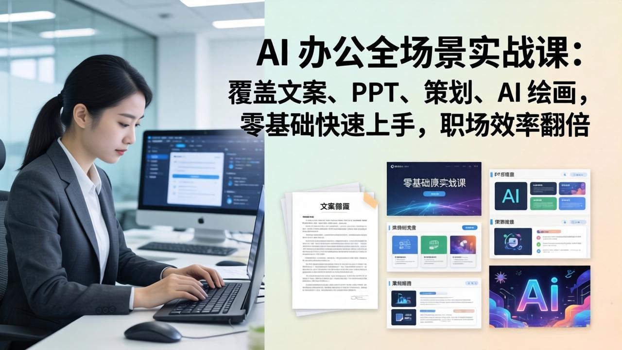 AI 办公全场景实战课：覆盖文案、PPT、策划、AI 绘画，零基础快速上手，职场效率翻倍-川川创富网
