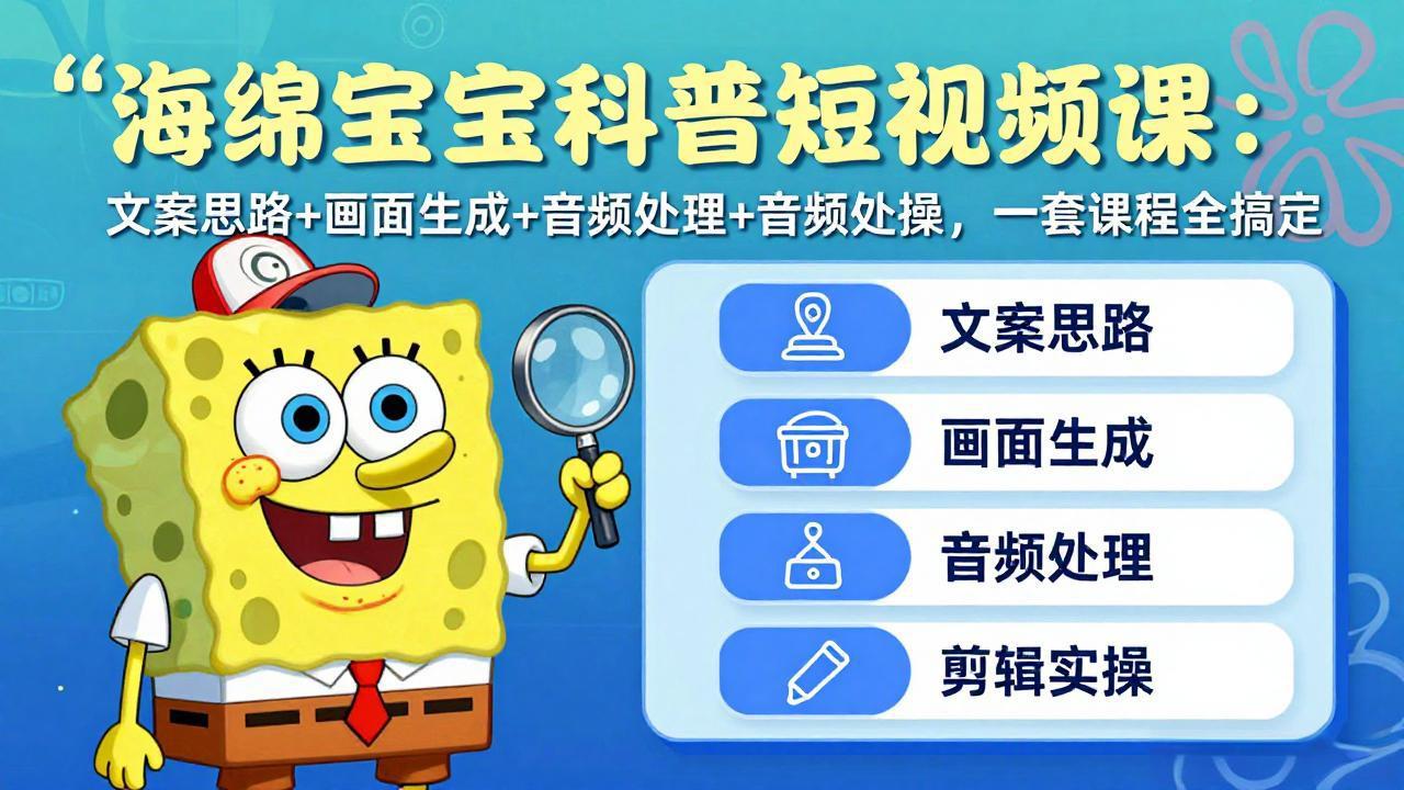 海绵宝宝科普短视频课：文案思路+画面生成+音频处理+剪辑实操，一套课程全搞定-川川创富网