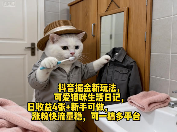 抖音掘金新玩法，可爱猫咪生活日记，日收益4张+新手可做，涨粉快流量稳，可一稿多平台-川川创富网