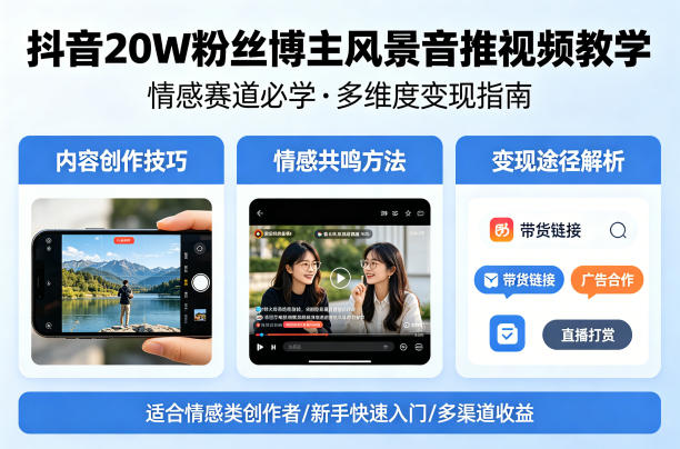 抖音20W粉丝博主风景音推视频教学，情感赛道必学，各种变现途径-川川创富网