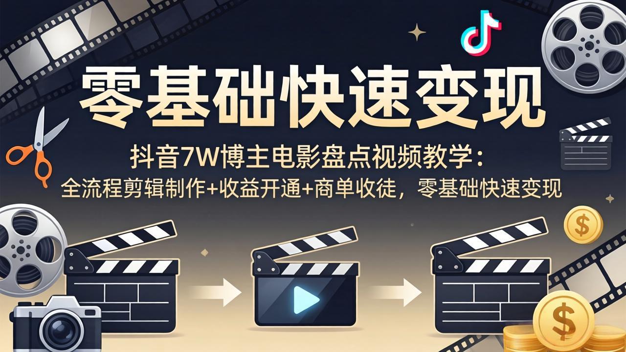 抖音7W博主电影盘点视频教学：全流程剪辑制作+收益开通+商单收徒，零基础快速变现-川川创富网