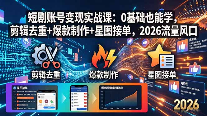 短剧账号变现实战课：0基础也能学，剪辑去重+爆款制作+星图接单，2026流量风口-川川创富网