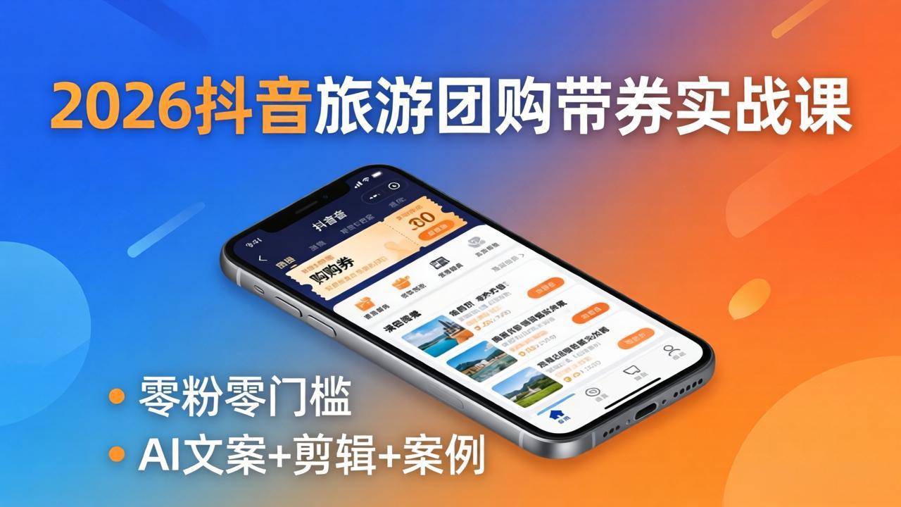 2026抖音旅游团购带券实战课：零粉零门槛，AI文案+剪辑+案例，躺着赚门票佣金-川川创富网