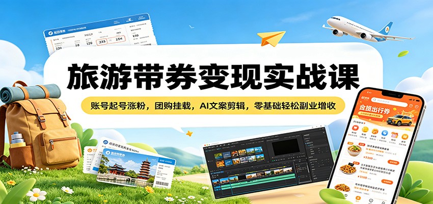 旅游带券变现实战课：账号起号涨粉，团购挂载，AI文案剪辑，零基础轻松副业增收-川川创富网